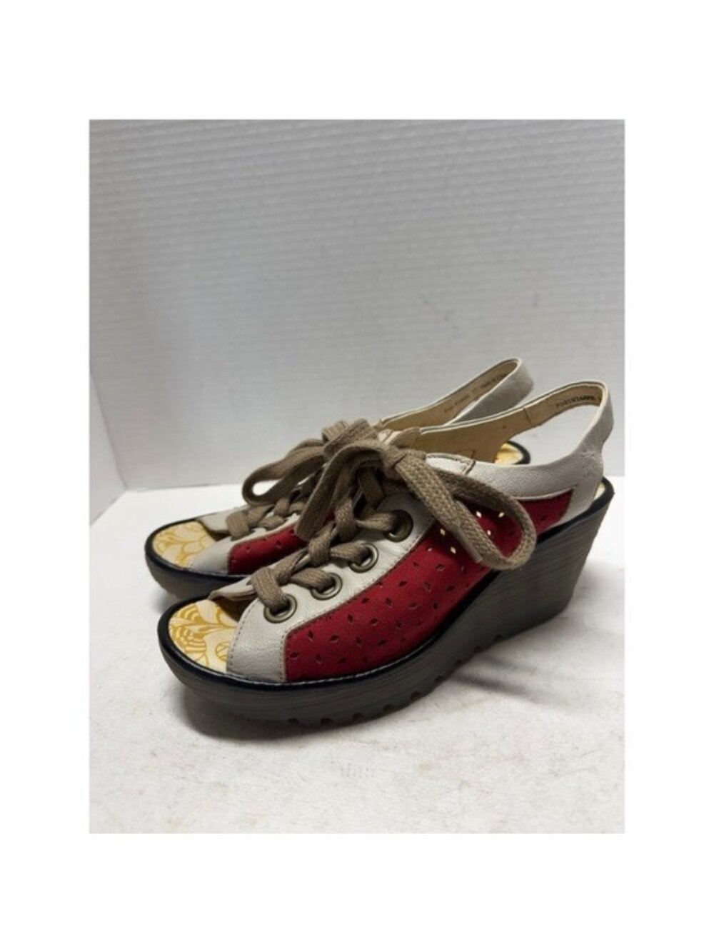 Fly London Yala Red White Leather Lace Up Wedge Sandals P501026008 Size 37 6.5